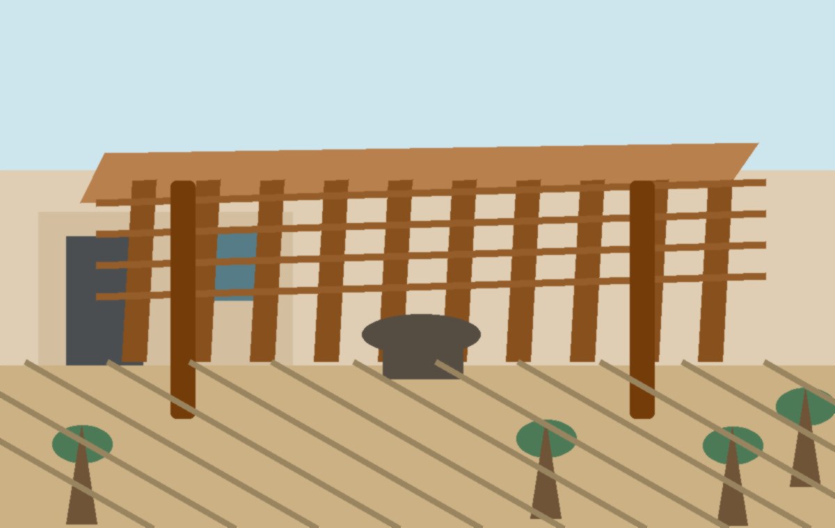 Lattice patio cover filtering Mesa afternoon sun over a backyard seating area